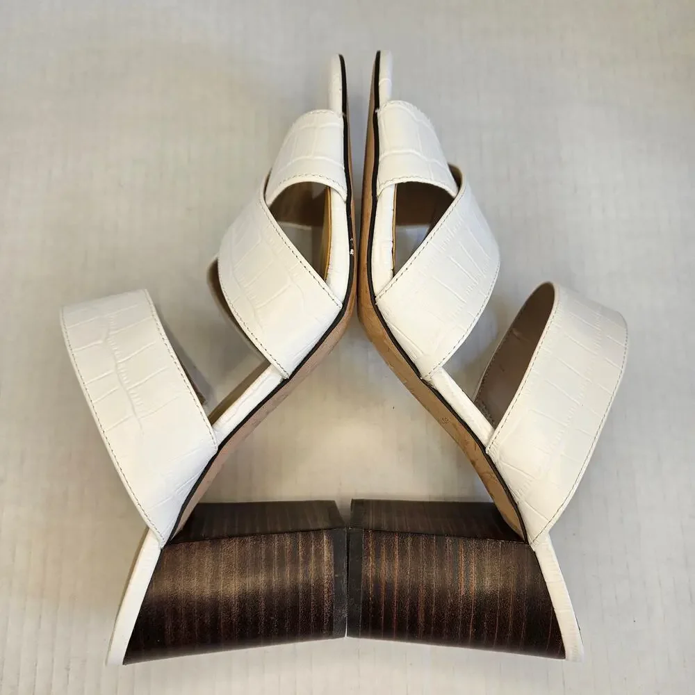 Ann Taylor‎ White Leather Croc Embossed Sandals With Stacked Block Heel Size 9M